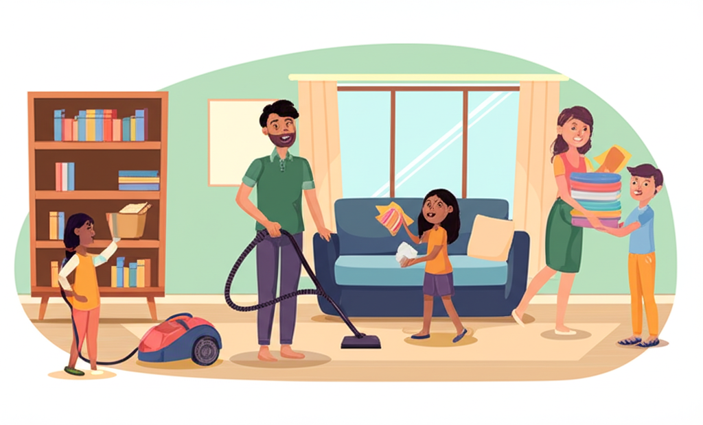 Family doing chores together